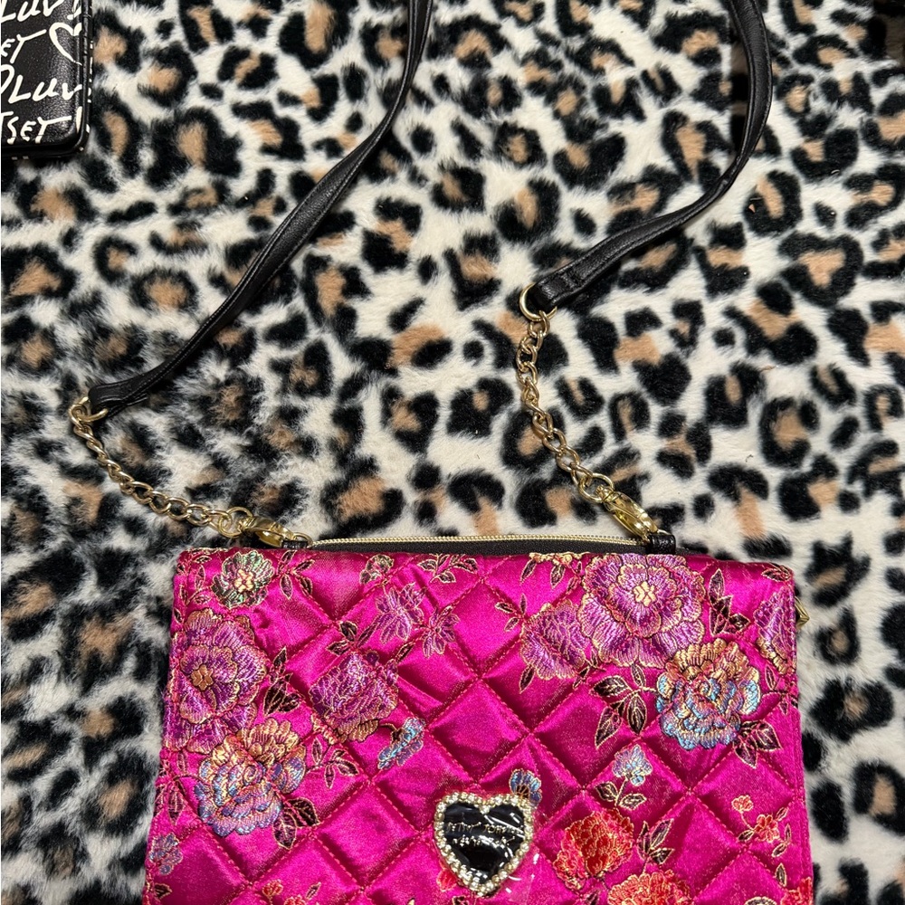 Betsey Johnson Pink Floral Clutch with Gold Accents